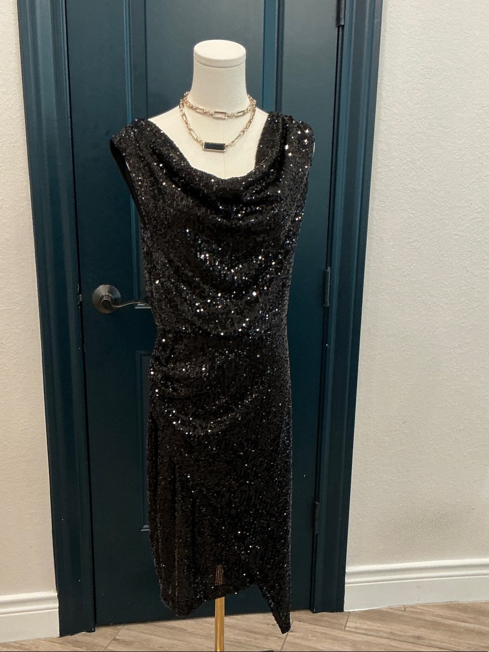 Black Sequin Cowl Neck Women’s Dress